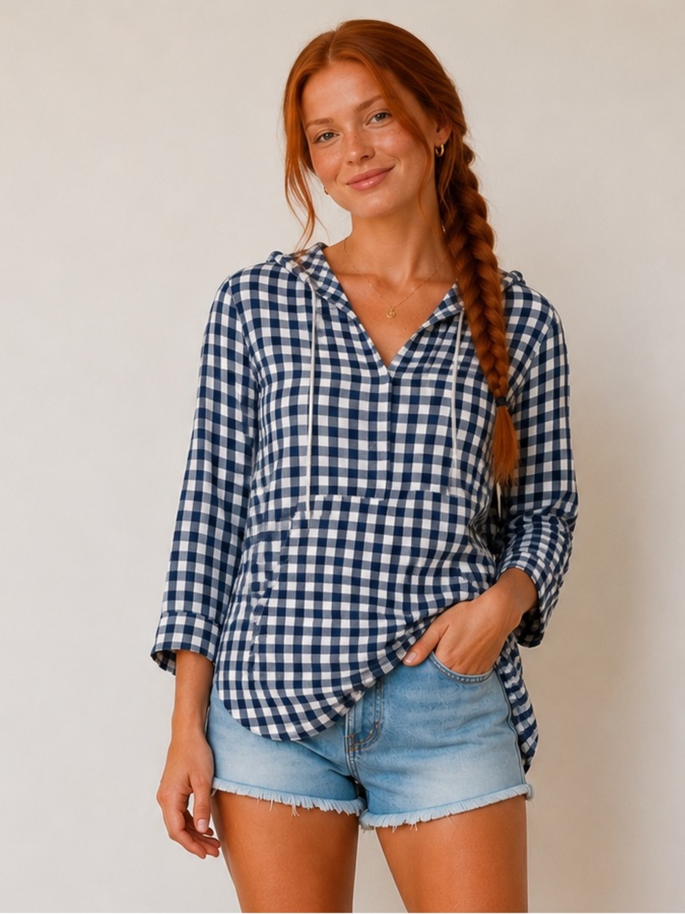 Lulu-Bs Navy White Gingham Hooded Popover Top XS Coastal Preppy